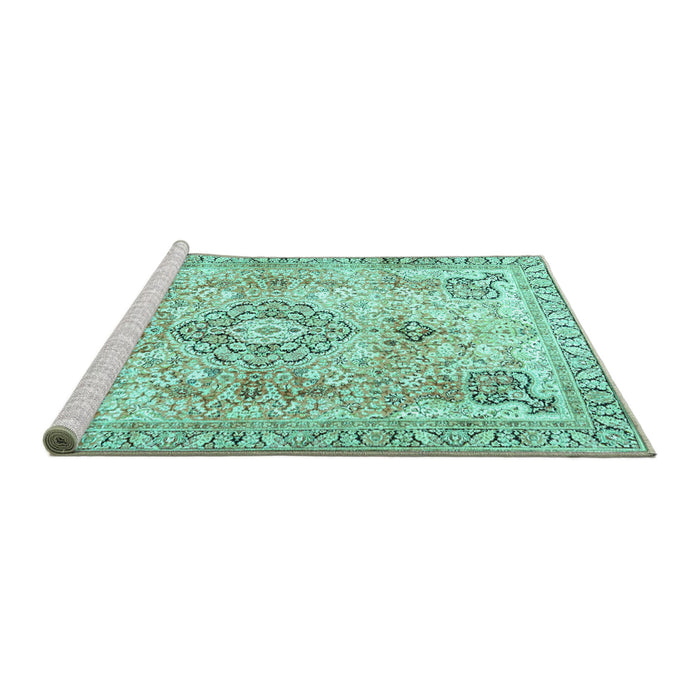 Sideview of Machine Washable Medallion Turquoise Traditional Area Rugs, wshtr4668turq