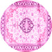 Round Machine Washable Medallion Pink Traditional Rug, wshtr4669pnk