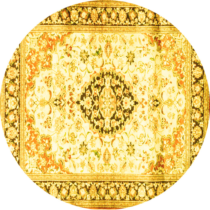 Round Machine Washable Medallion Yellow Traditional Rug, wshtr4669yw