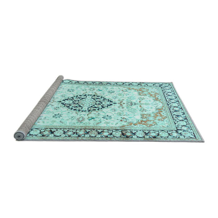 Sideview of Machine Washable Medallion Light Blue Traditional Rug, wshtr4669lblu