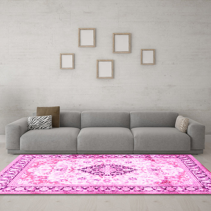 Machine Washable Medallion Pink Traditional Rug in a Living Room, wshtr4669pnk