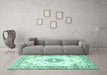 Machine Washable Medallion Turquoise Traditional Area Rugs in a Living Room,, wshtr4669turq