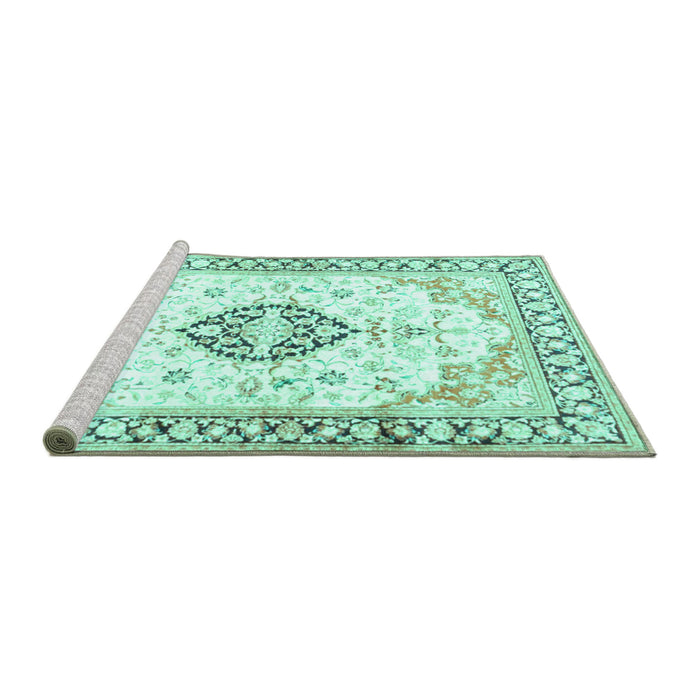 Sideview of Machine Washable Medallion Turquoise Traditional Area Rugs, wshtr4669turq