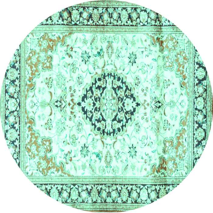 Round Machine Washable Medallion Turquoise Traditional Area Rugs, wshtr4669turq