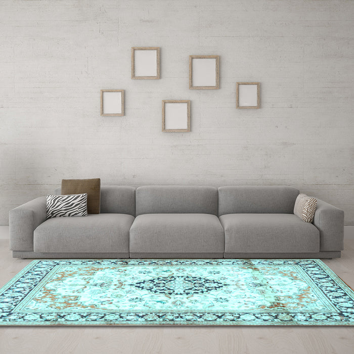 Machine Washable Medallion Light Blue Traditional Rug in a Living Room, wshtr4669lblu