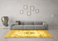 Machine Washable Medallion Yellow Traditional Rug, wshtr4669yw