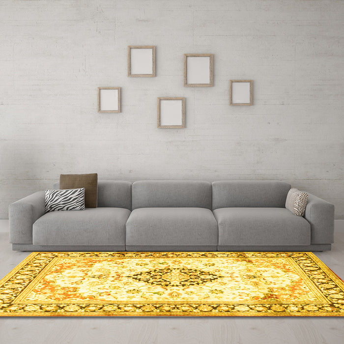 Machine Washable Medallion Yellow Traditional Rug in a Living Room, wshtr4669yw
