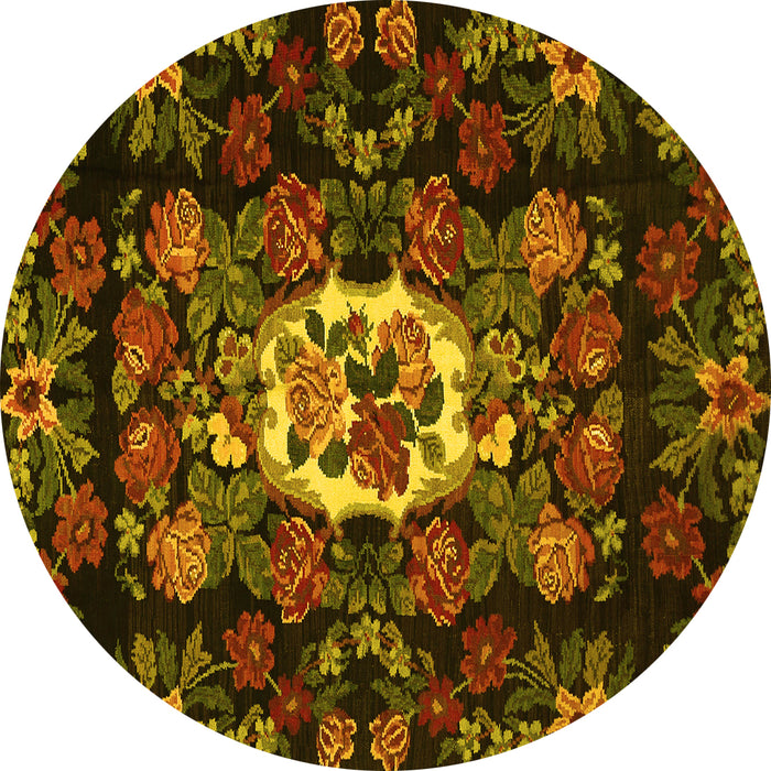Round Machine Washable Medallion Yellow French Rug, wshtr466yw