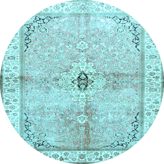 Round Machine Washable Medallion Light Blue Traditional Rug, wshtr4670lblu