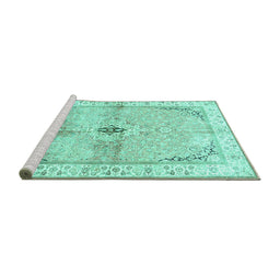 Sideview of Machine Washable Medallion Turquoise Traditional Area Rugs, wshtr4670turq