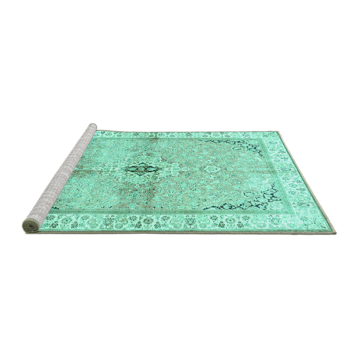 Sideview of Machine Washable Medallion Turquoise Traditional Area Rugs, wshtr4670turq