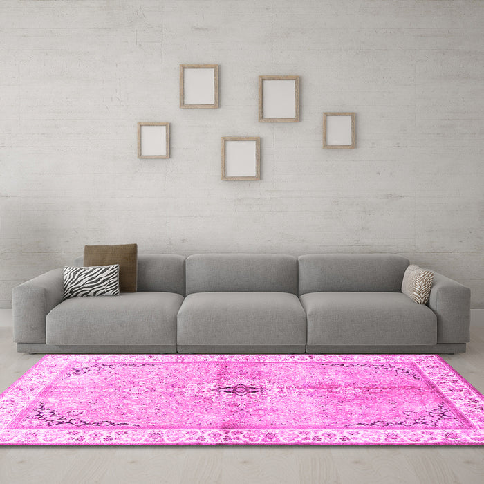 Machine Washable Medallion Pink Traditional Rug in a Living Room, wshtr4670pnk