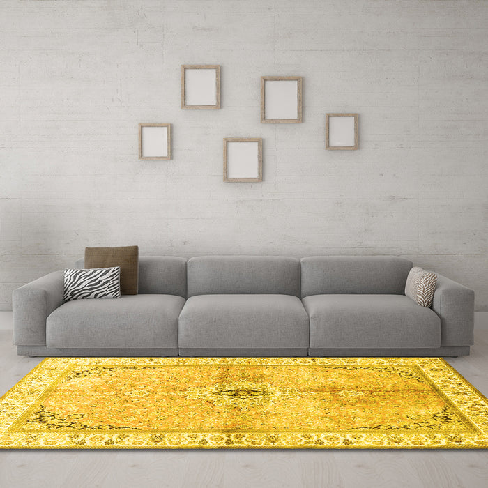 Machine Washable Medallion Yellow Traditional Rug in a Living Room, wshtr4670yw