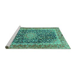 Sideview of Machine Washable Medallion Turquoise Traditional Area Rugs, wshtr4671turq