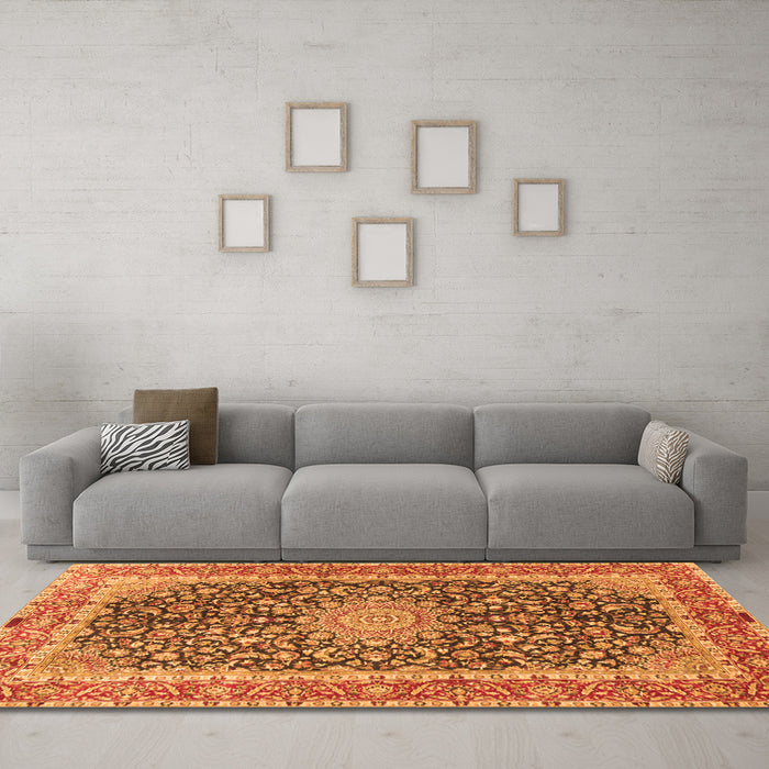 Machine Washable Medallion Orange Traditional Area Rugs in a Living Room, wshtr4671org