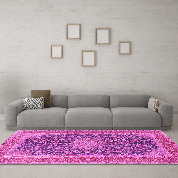 Machine Washable Medallion Pink Traditional Rug in a Living Room, wshtr4671pnk