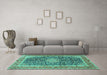 Machine Washable Medallion Turquoise Traditional Area Rugs in a Living Room,, wshtr4671turq