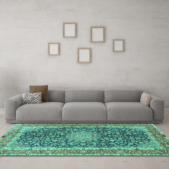 Machine Washable Medallion Turquoise Traditional Area Rugs in a Living Room,, wshtr4671turq