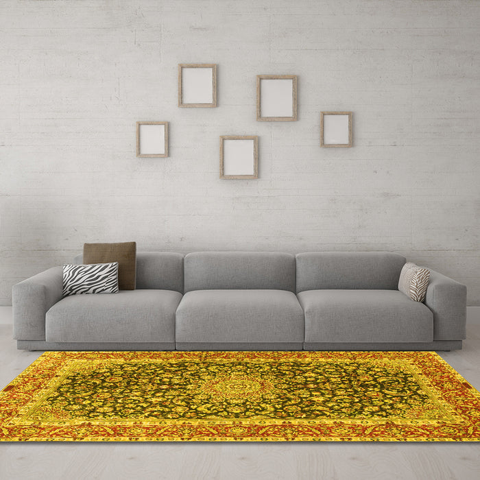 Machine Washable Medallion Yellow Traditional Rug in a Living Room, wshtr4671yw