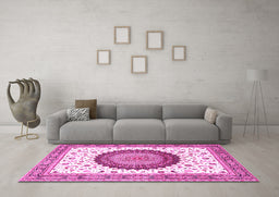 Machine Washable Medallion Pink Traditional Rug in a Living Room, wshtr4672pnk