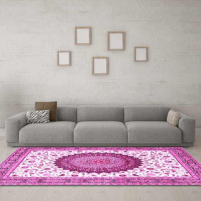 Machine Washable Medallion Pink Traditional Rug in a Living Room, wshtr4672pnk