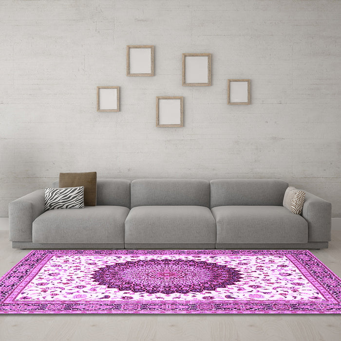 Machine Washable Medallion Purple Traditional Area Rugs in a Living Room, wshtr4672pur