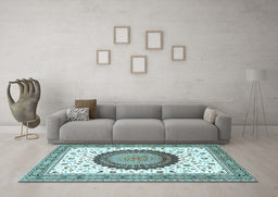 Machine Washable Medallion Light Blue Traditional Rug in a Living Room, wshtr4672lblu