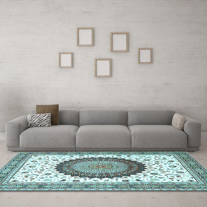 Machine Washable Medallion Light Blue Traditional Rug in a Living Room, wshtr4672lblu