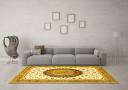 Machine Washable Medallion Yellow Traditional Rug in a Living Room, wshtr4672yw