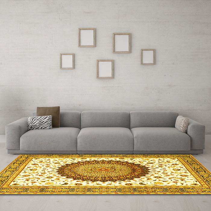 Machine Washable Medallion Yellow Traditional Rug in a Living Room, wshtr4672yw