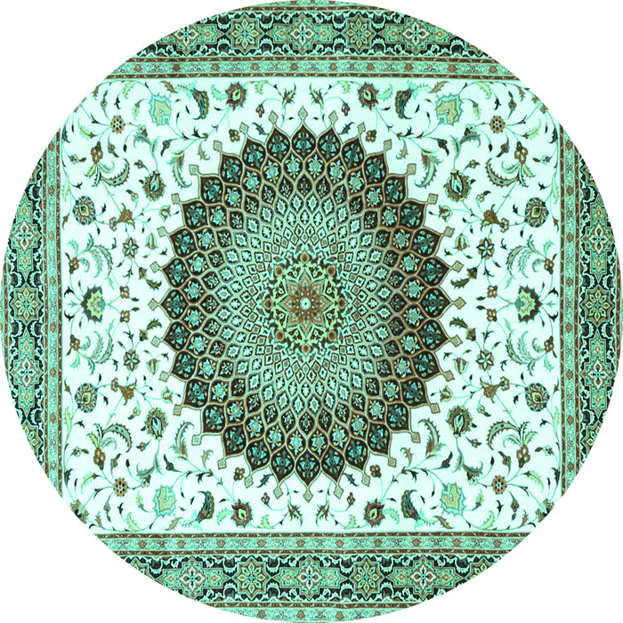 Round Machine Washable Medallion Turquoise Traditional Area Rugs, wshtr4672turq