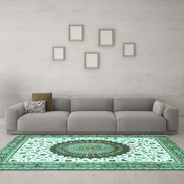 Machine Washable Medallion Turquoise Traditional Area Rugs in a Living Room,, wshtr4672turq