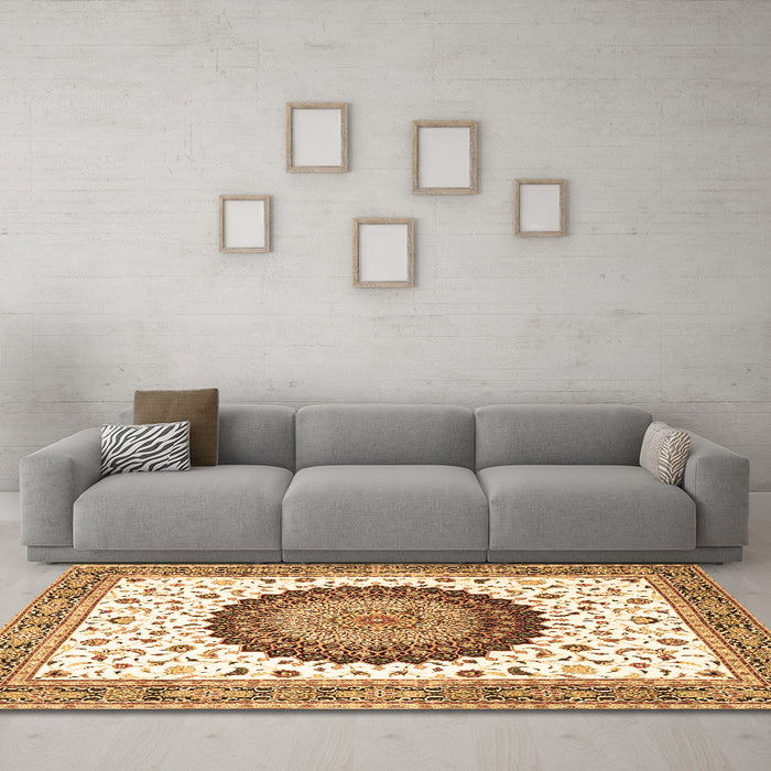 Machine Washable Medallion Brown Traditional Rug in a Living Room,, wshtr4672brn