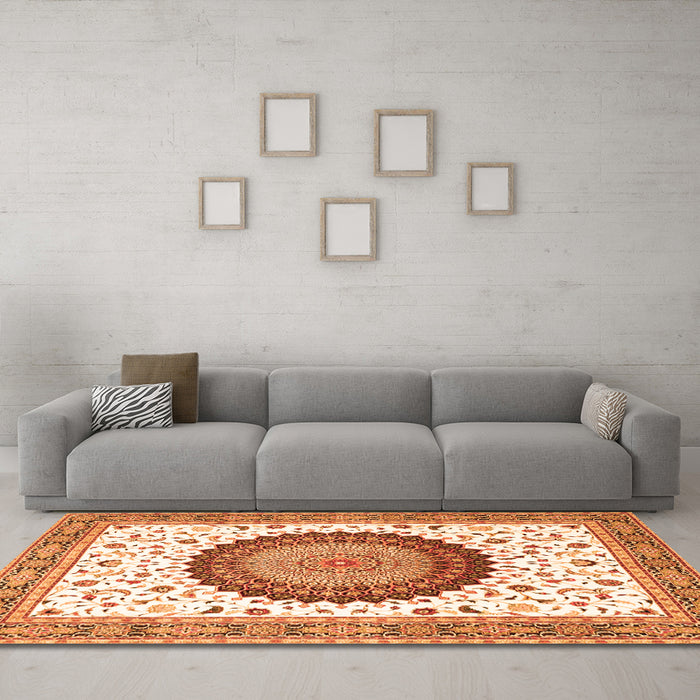 Machine Washable Medallion Orange Traditional Area Rugs in a Living Room, wshtr4672org
