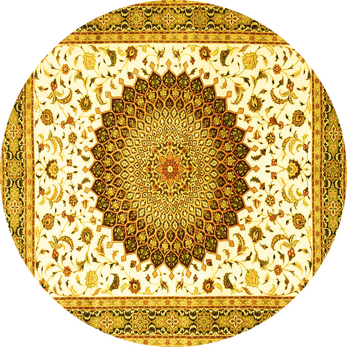 Round Machine Washable Medallion Yellow Traditional Rug, wshtr4672yw