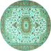 Round Machine Washable Medallion Turquoise Traditional Area Rugs, wshtr4673turq