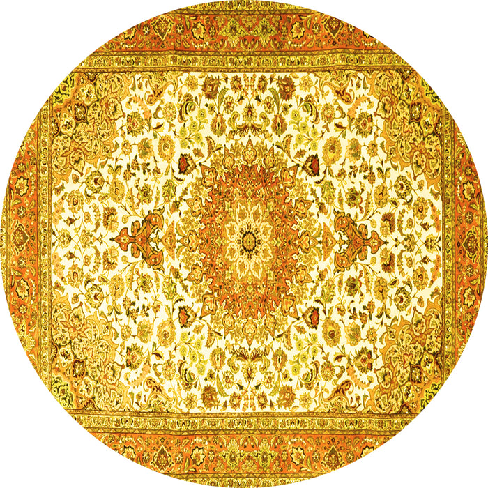 Round Machine Washable Medallion Yellow Traditional Rug, wshtr4673yw
