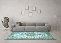 Machine Washable Medallion Light Blue Traditional Rug in a Living Room, wshtr4673lblu