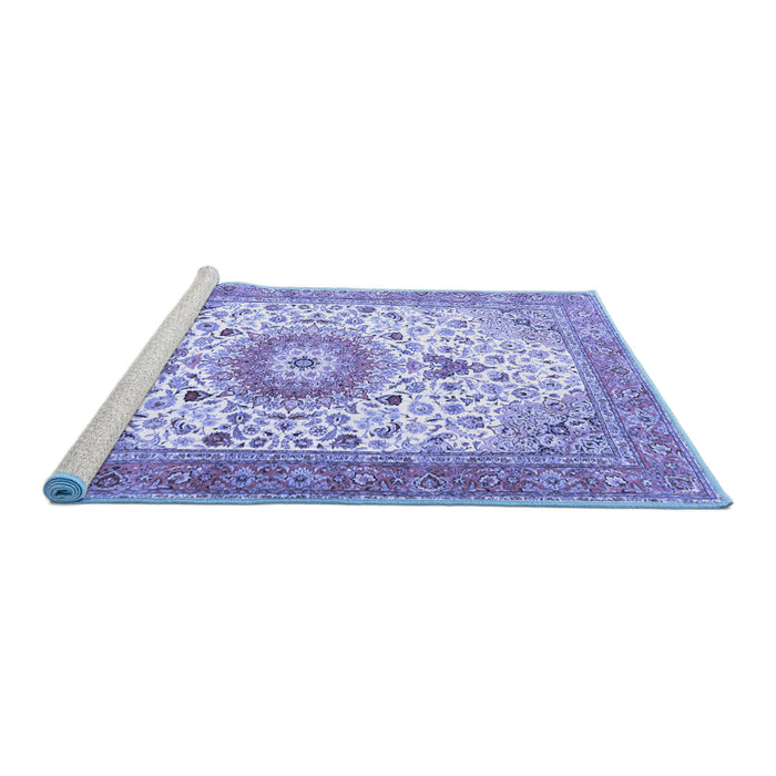 Sideview of Machine Washable Medallion Blue Traditional Rug, wshtr4673blu