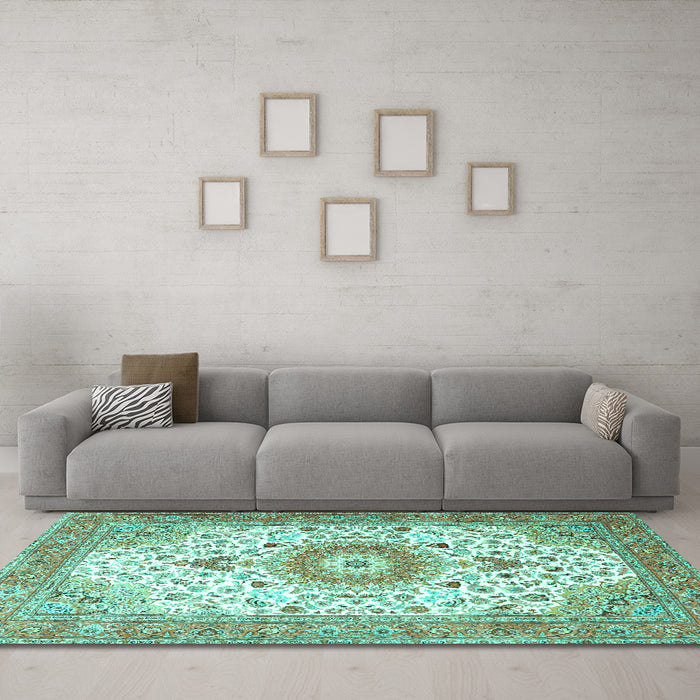 Machine Washable Medallion Turquoise Traditional Area Rugs in a Living Room,, wshtr4673turq