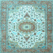 Square Machine Washable Medallion Light Blue Traditional Rug, wshtr4673lblu