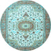 Round Machine Washable Medallion Light Blue Traditional Rug, wshtr4673lblu