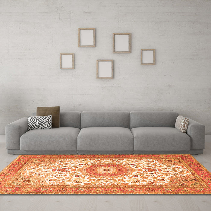 Machine Washable Medallion Orange Traditional Area Rugs in a Living Room, wshtr4673org
