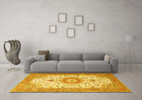 Machine Washable Medallion Yellow Traditional Rug, wshtr4673yw