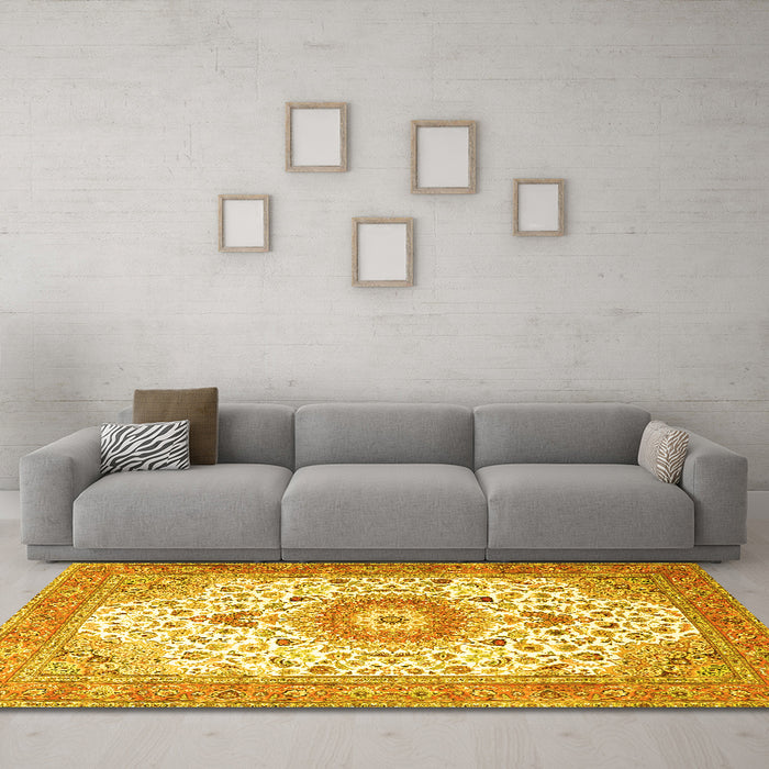 Machine Washable Medallion Yellow Traditional Rug in a Living Room, wshtr4673yw