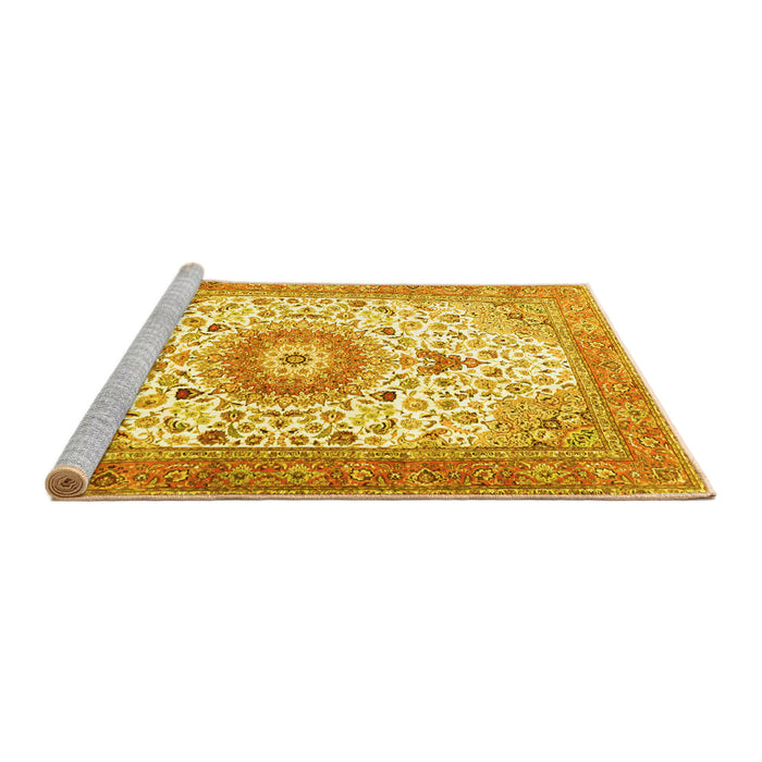 Sideview of Machine Washable Medallion Yellow Traditional Rug, wshtr4673yw