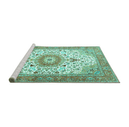 Sideview of Machine Washable Medallion Turquoise Traditional Area Rugs, wshtr4673turq