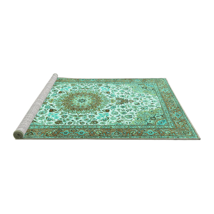 Sideview of Machine Washable Medallion Turquoise Traditional Area Rugs, wshtr4673turq