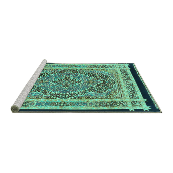 Sideview of Machine Washable Persian Turquoise Traditional Area Rugs, wshtr4675turq
