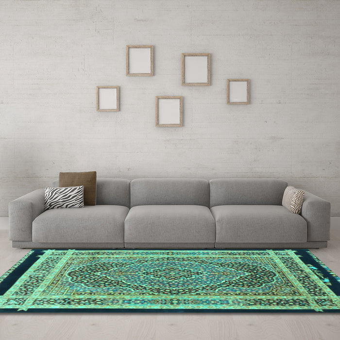 Machine Washable Persian Turquoise Traditional Area Rugs in a Living Room,, wshtr4675turq